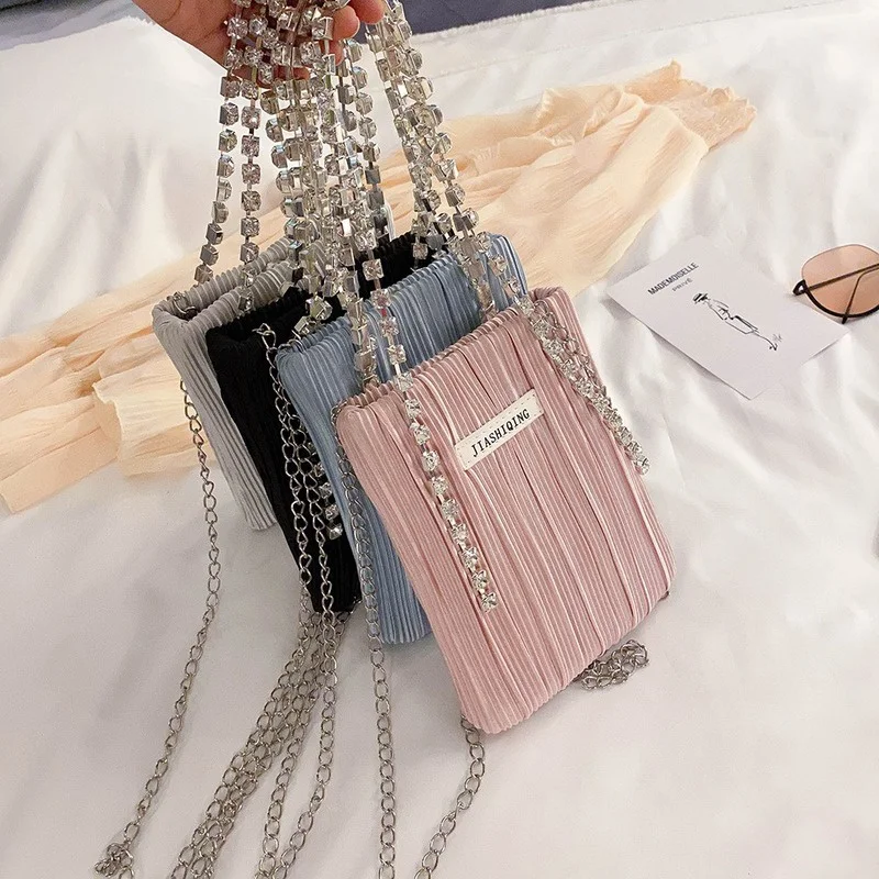

Fashion New Women's Bag Pleated Crossbody Bags Bright Rhinestone Shoulder Bag Elegant Messenger Bag Small Clutch Bag
