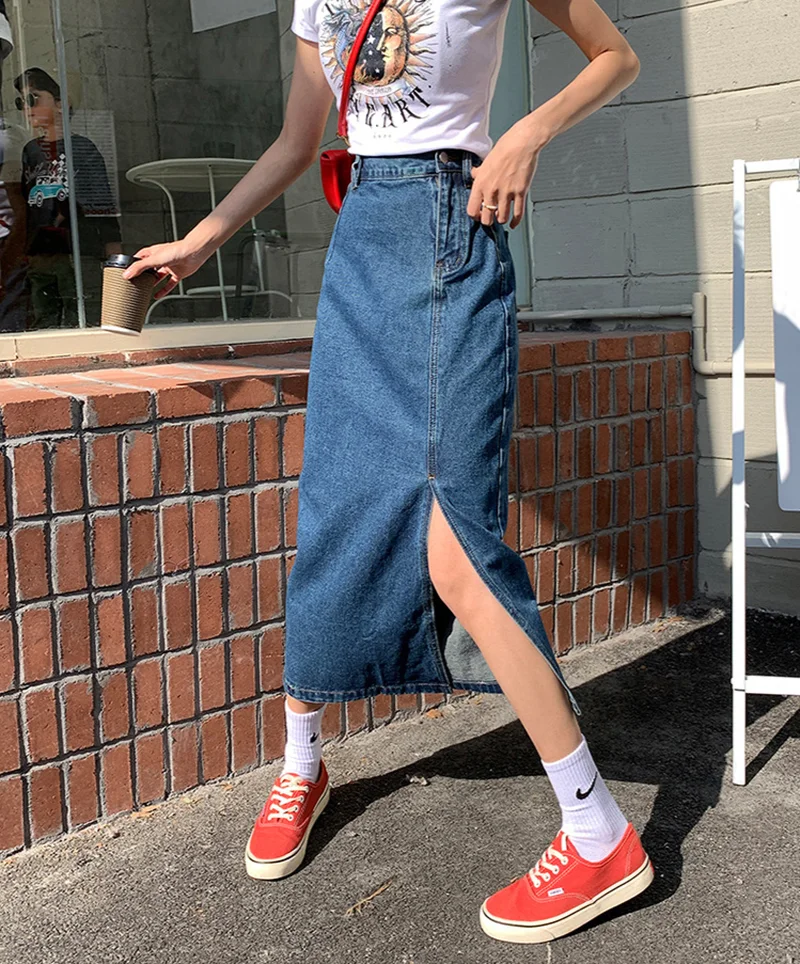 

Женская однотонная джинсовая юбка-футляр, облегающая Однотонная юбка до середины икры с высокой талией и разрезом, Y2k, лето 2021