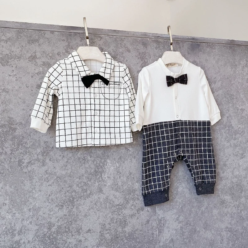 

2021 spring baby boy romper handsome plaid shirt romper gentleman one-piece romper baby boy outfit