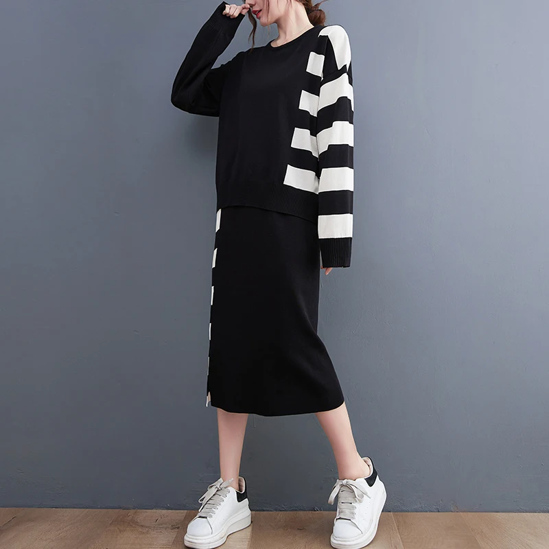 Осенне-зимний женский костюм с юбкой Модные трикотажные пуловеры круглым