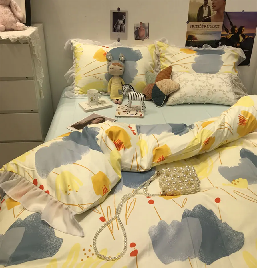 

Fashion blue yellow flower bedding set,1.2 1.5 1.8 floral cotton twin full queen home textile bed sheet pillow case duvet cover