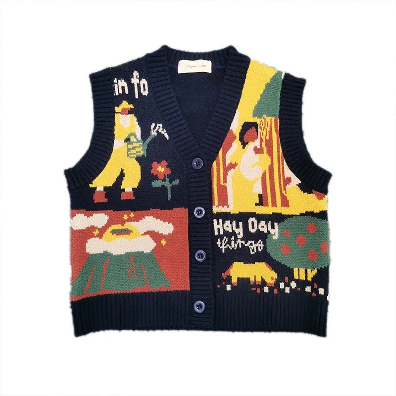 

Cute Cartoon Print Cardigan Sweaters For Girls Single Breasted Sleeveless Warm Knitwear Autumn Winter Children Knit Tops