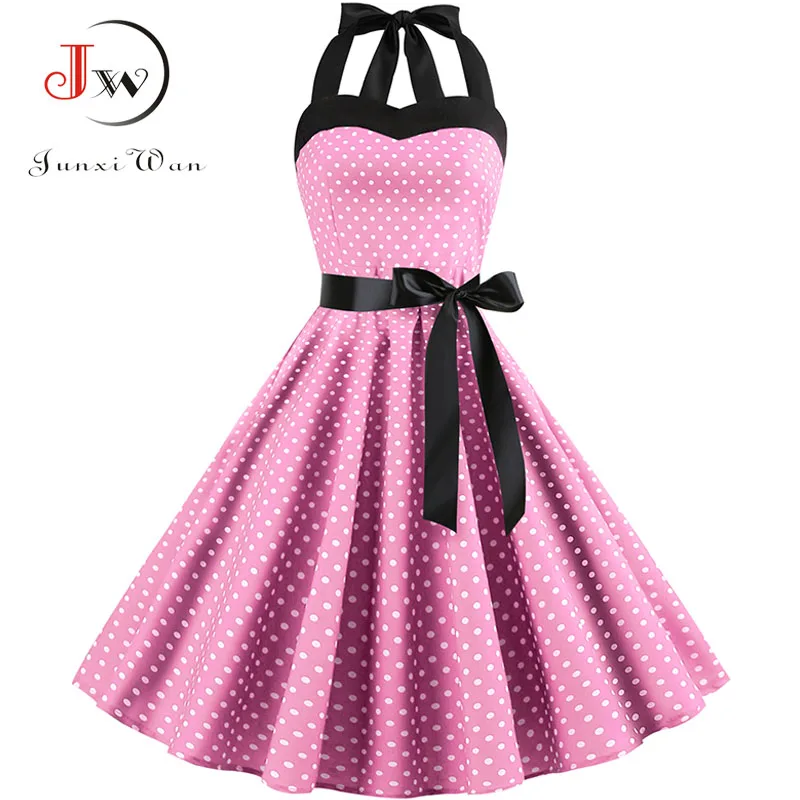 

Women Polka Dot Print Summer Dress Sexy Retro White Halter Vintage Dress Plus Size Robe Femme Pin Up Rockabilly Party Dress
