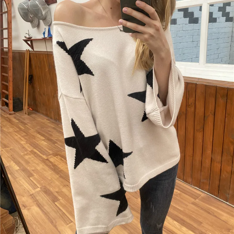 2022 Autumn Winter New Loose Stars Women Sweater Flare Sleeve Oversize Knitwear Pullovers Sweaters Casual Female Knitted Jumper | Женская