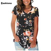 women casual tops 2021 new bohemian flower print summer v neck basic tshirt short sleeve loose tees shirts sexy femme clothing