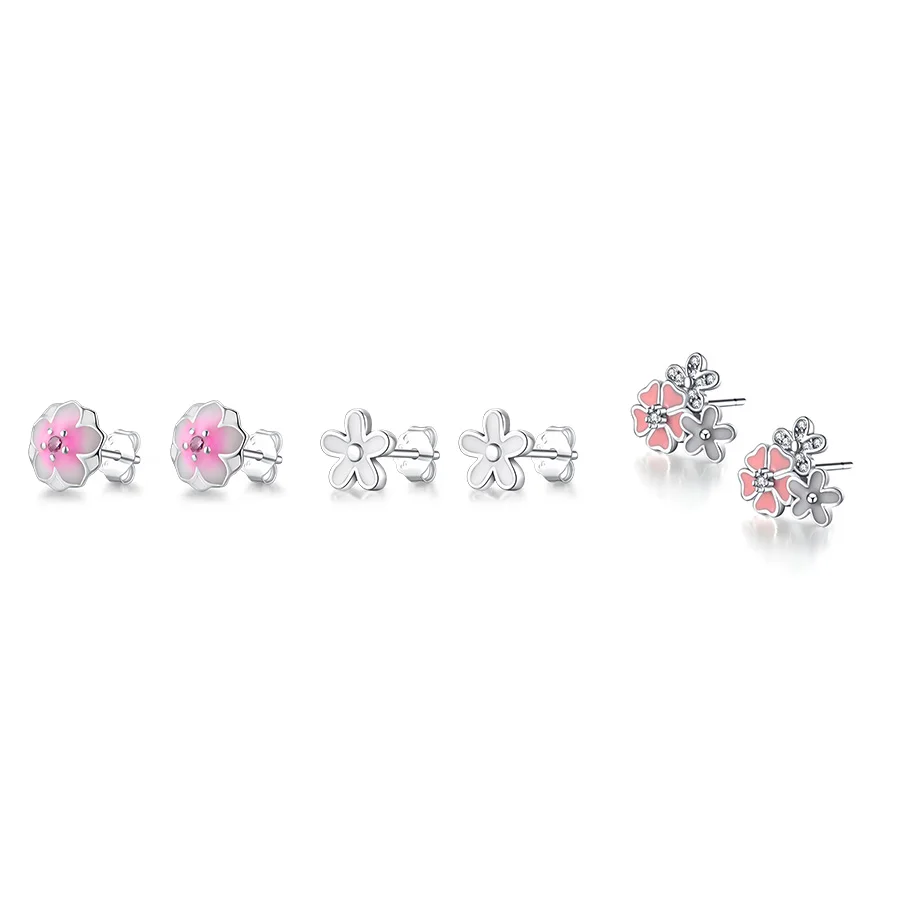 

925 Sterling Silver Earring 3 Style With Pink White Color Flower Crystal Studs Earrings For Women Jewelry