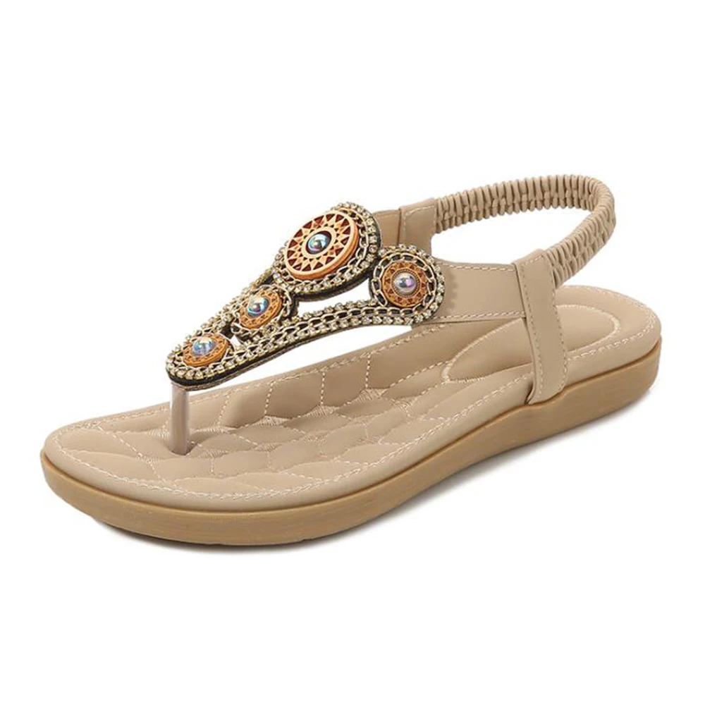 

Bohemian Summer Shoes Sweet Womens Flowers Flat Sandals High Quality Rhinestones Casual Flats Plus Size 35-42 Sandalias qq532