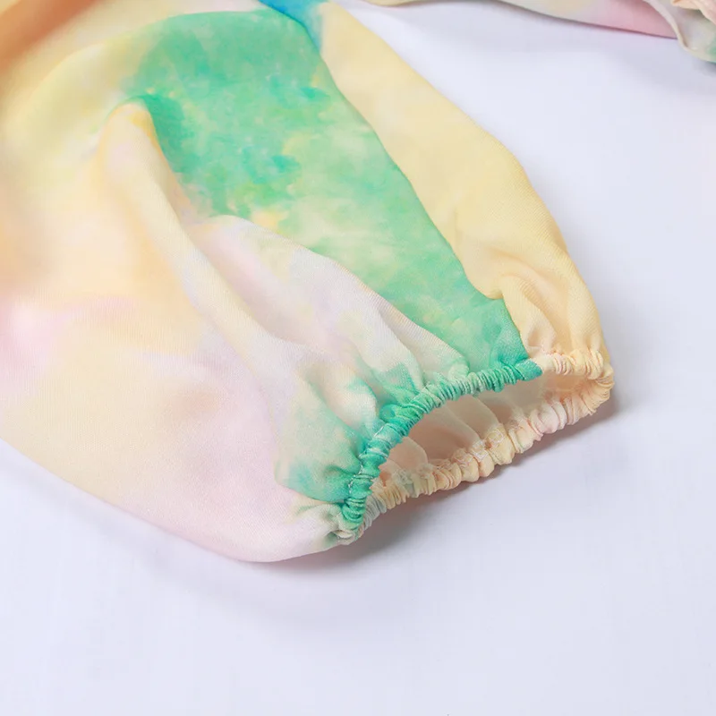 

2021 Tie Dye Color Mini Dress Casual LOOSE Belt Lantern Sleeve O-Neck Personality Fashion Comfortable Simple Pleated Skirt