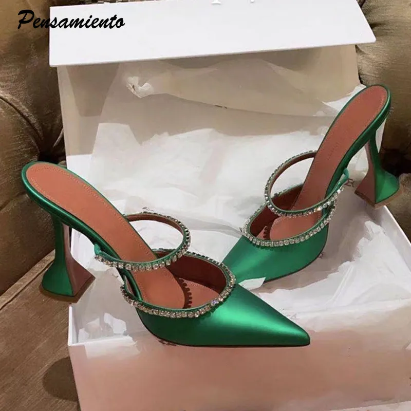 

2021 Rhinestones satin Women Pumps Slippers Elegant Pointed toe High heels Lady Mules Sildes Summer Fashion Party prom Shoes