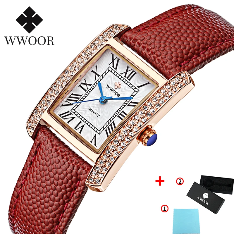 Gold red WWOOR новые белые квадратные часы с кристаллами женские водонепроницаемые часы из натуральной кожи женские повседневные модные часы аналоговый дисплей подарок - Цвет: Gold red