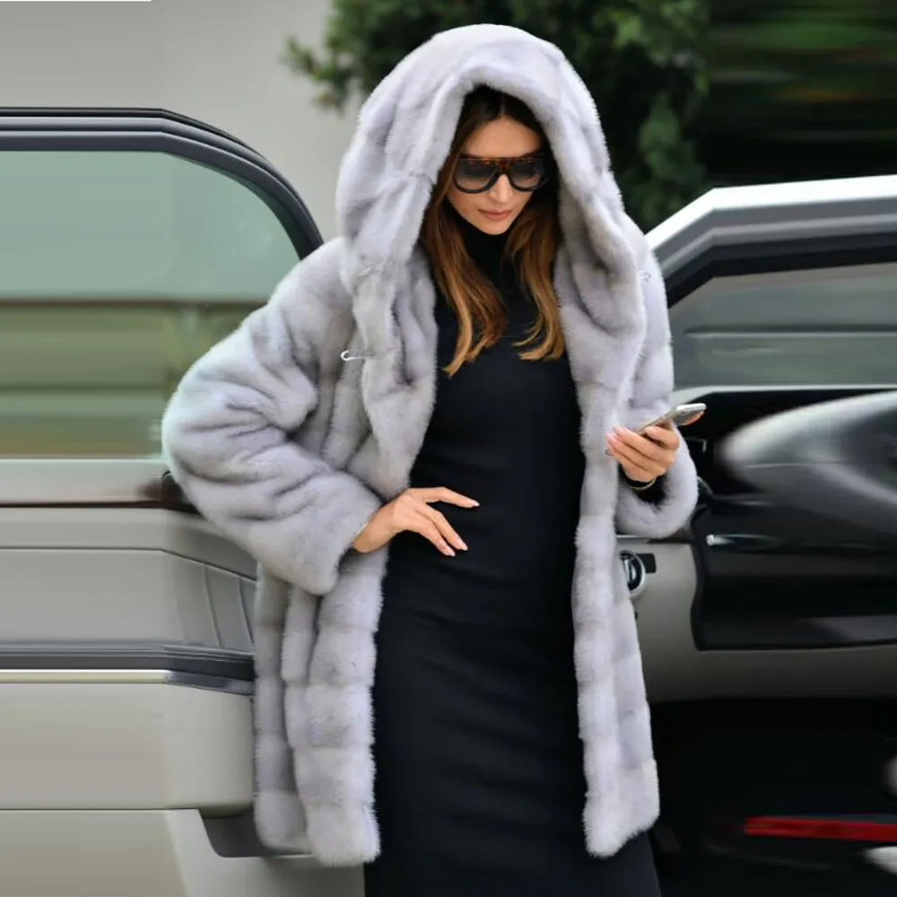 Women Winter Fashion Natural Mink Fur Coat With Hood Thick Warm Pelt Real Mink Fur Jacket With Belt Luxury Fur Coats Outwear
