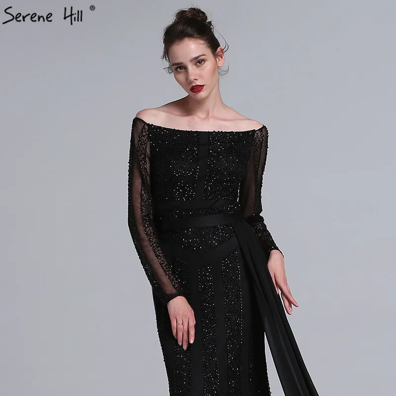 Женское вечернее платье с длинным рукавом черное фатиновое Русалка бисером