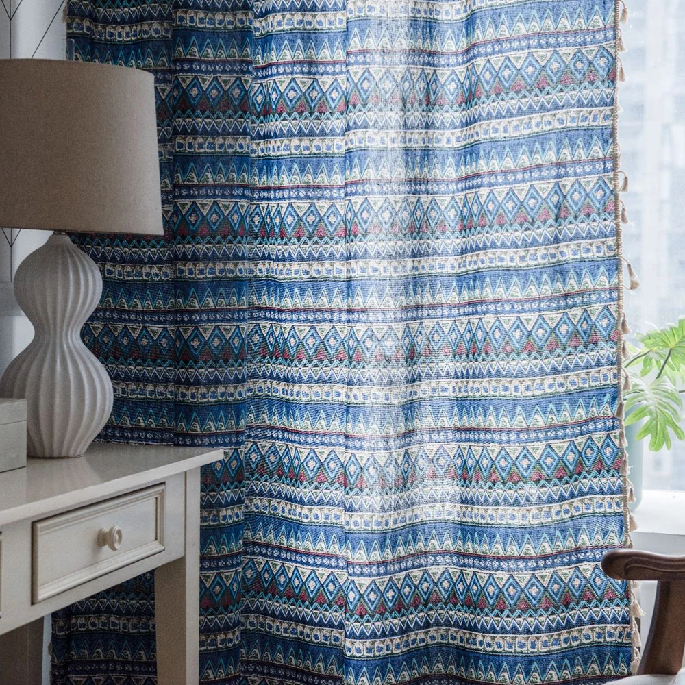 Синяя богемная штора с геометрическим принтом для гостиной спальни