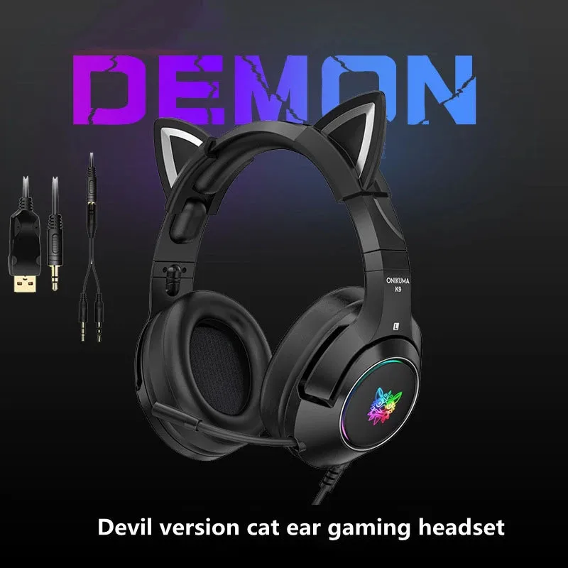 

Игровые наушники LIENG K9 Black Demon Version, кошачьи уши, для компьютера мобильный телефон, с микрофоном, RGB-подсветкой, снижение уровня шума