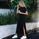 Женское длинное Хлопковое платье-футболка, черное пляжное приталенное Макси-Платье с круглым вырезом и коротким рукавом, лето размера плюс