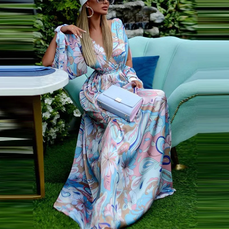 

Women Autumn Sexy Lady Deep V Neck Split Long Dress Retro Flower Print Loose Dress Beach Style Long Sleeve Elegant Party Dress