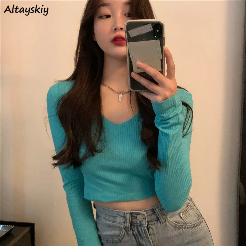 

Футболка женская осенняя, однотонная, укороченная, с длинным рукавом