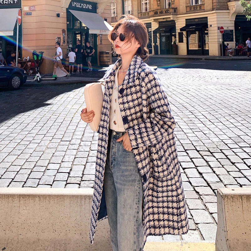 Женское длинное твидовое пальто роскошное шерстяное с принтом мешковатое