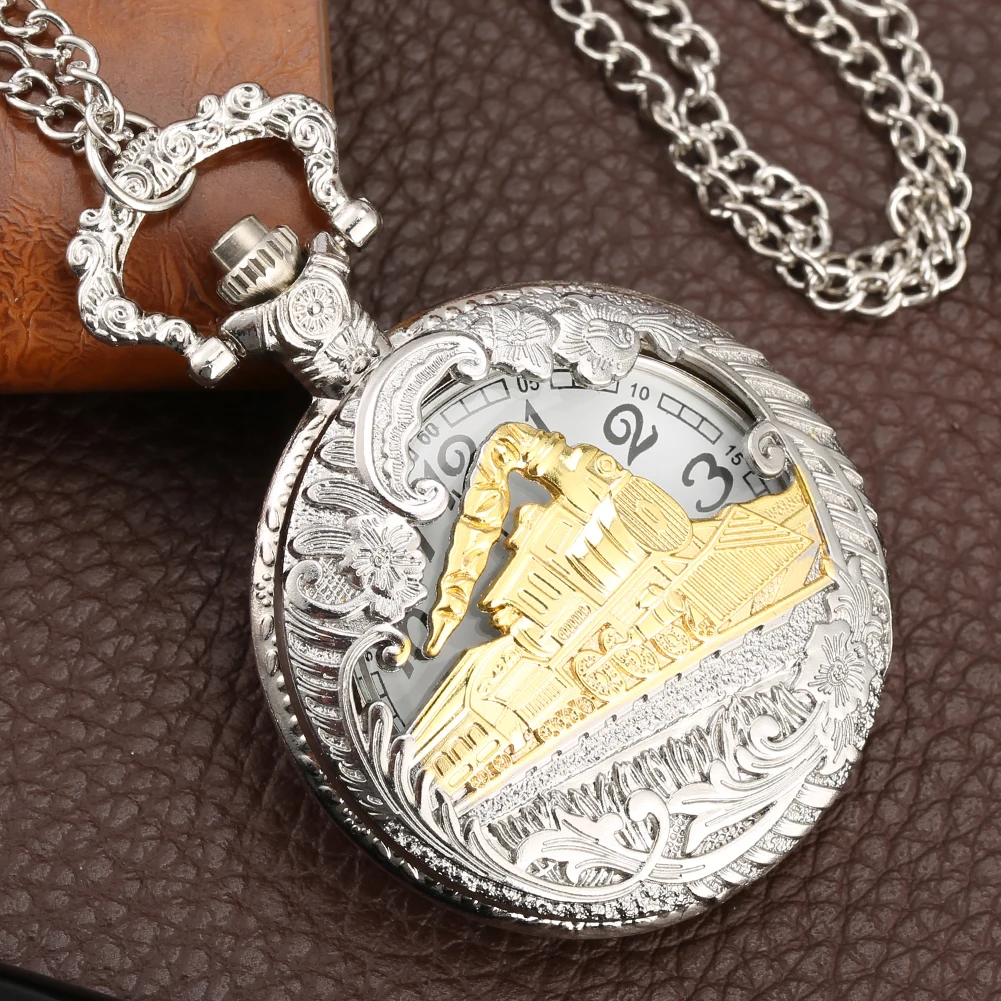 Fashion Train Design Case Quartz Pocket Watch Silver Pendant Necklace Chain Gift Sets with Gift Box for Friend