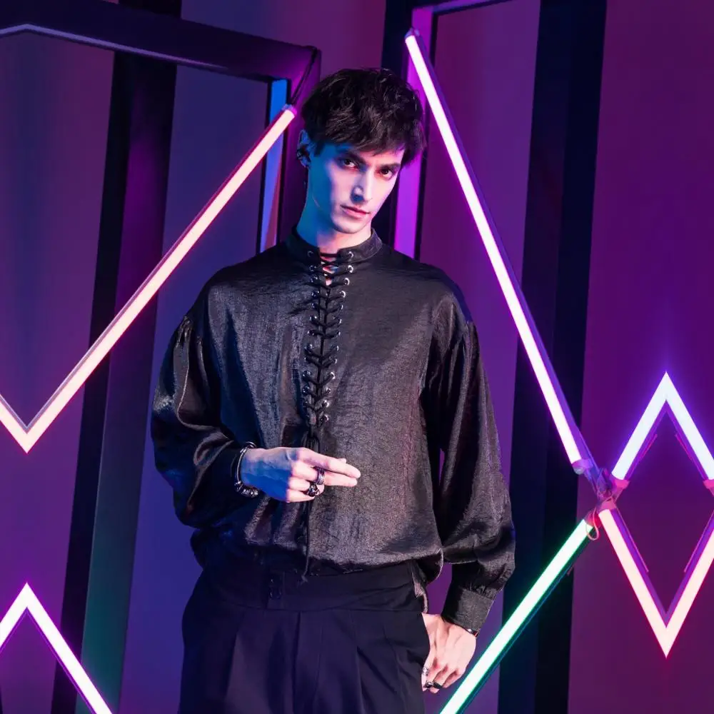 

Free shipping new men's male fashion black casual Night shine 2020 spring nightclub long sleeve shirt shirt tide BY201113085
