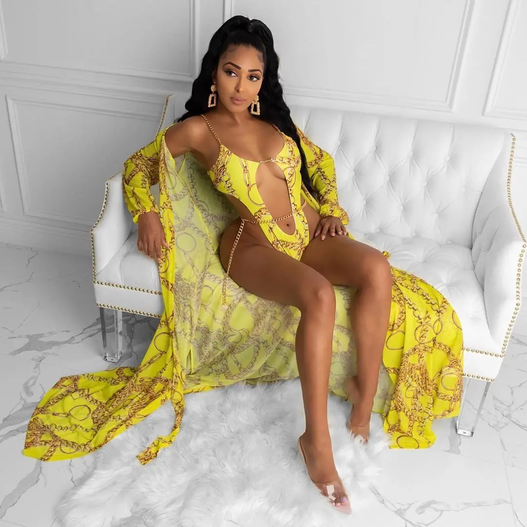 

European And American Swimsuit 2021 New Printed High Elastic One - Piece Bikini Sexy Metal Chain Swimwear Women