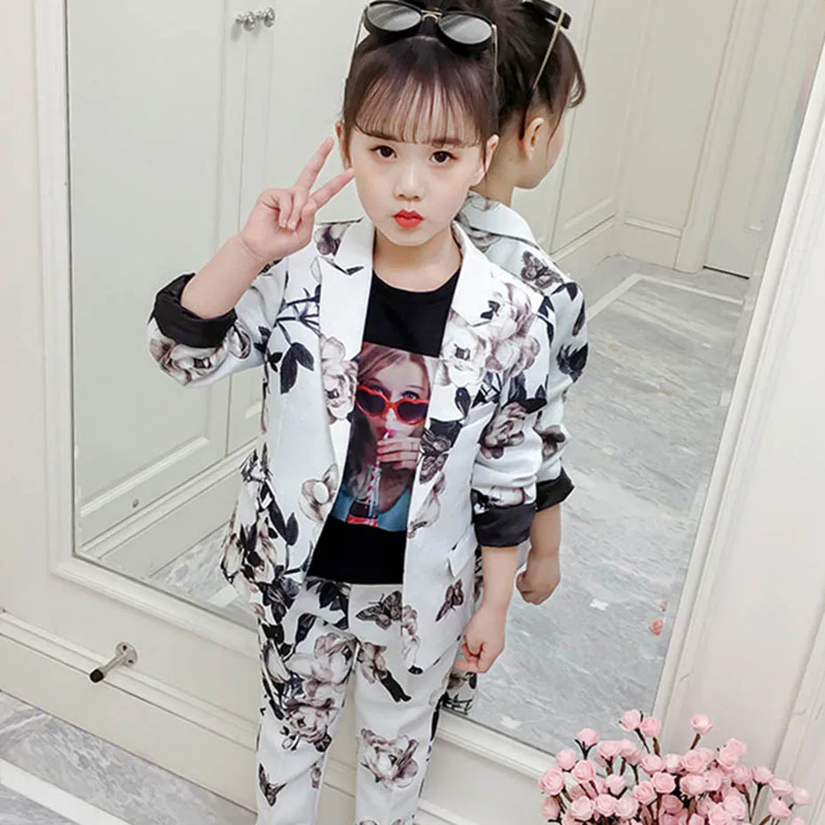 Детская одежда блейзеры и брюки с цветочным принтом Одежда для девочек на одной