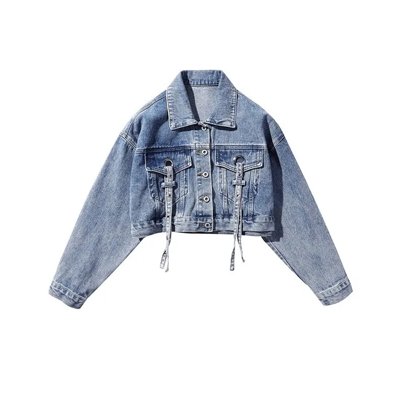 

Spring and Autumn New Women's Loose Fashion All-around Show Thin Casual Lapel Eyelet Lace Up Denim Coat Single Breasted Top