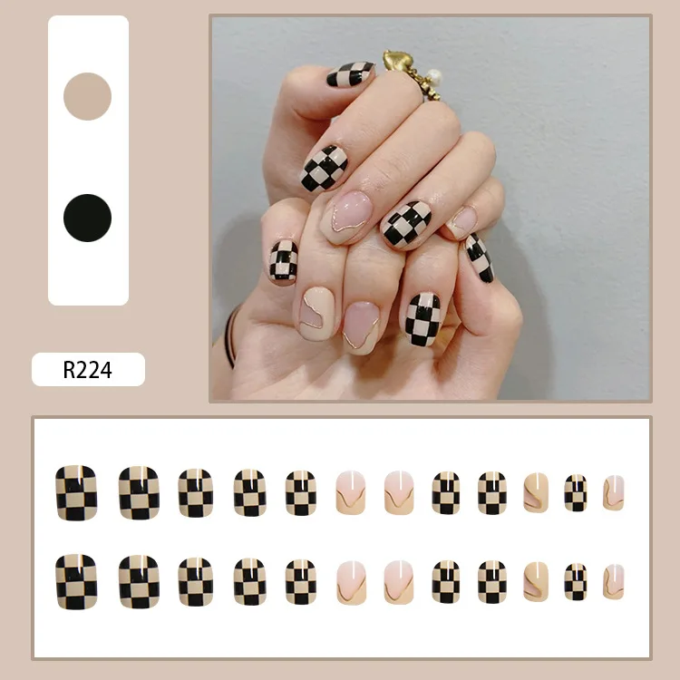 

24pcs Checkerboard Grid Nail Patch Glue Type Removable Short Paragraph Fashion Manicure Save Time False Nail Patch