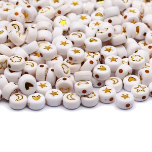 Круглые белые и золотые Смешанные акриловые бусины-разделители 7 мм со звездамисердцамимесяцами для изготовления ювелирных изделий, аксессуары для рукоделия