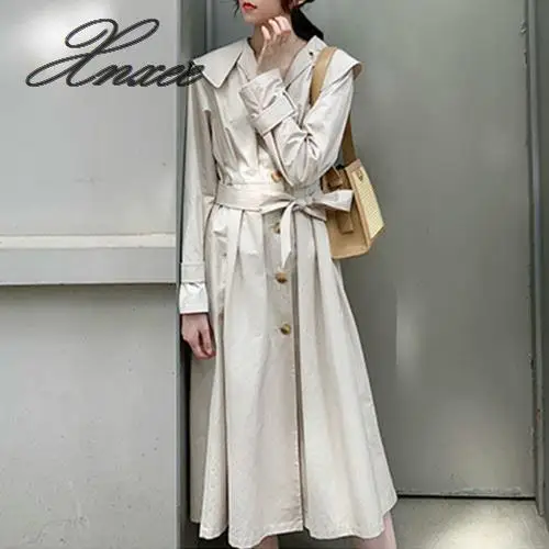 

Женский простой Тренч с отложным воротником, Повседневная Свободная ветровка с длинным рукавом и поясом, уличная одежда, весна-осень