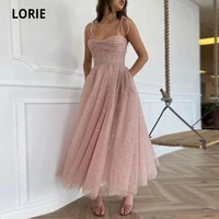 lorie shiny sandy pink prom dresses corset with boning and decoration straps tea length tulle with gold stars night party gown