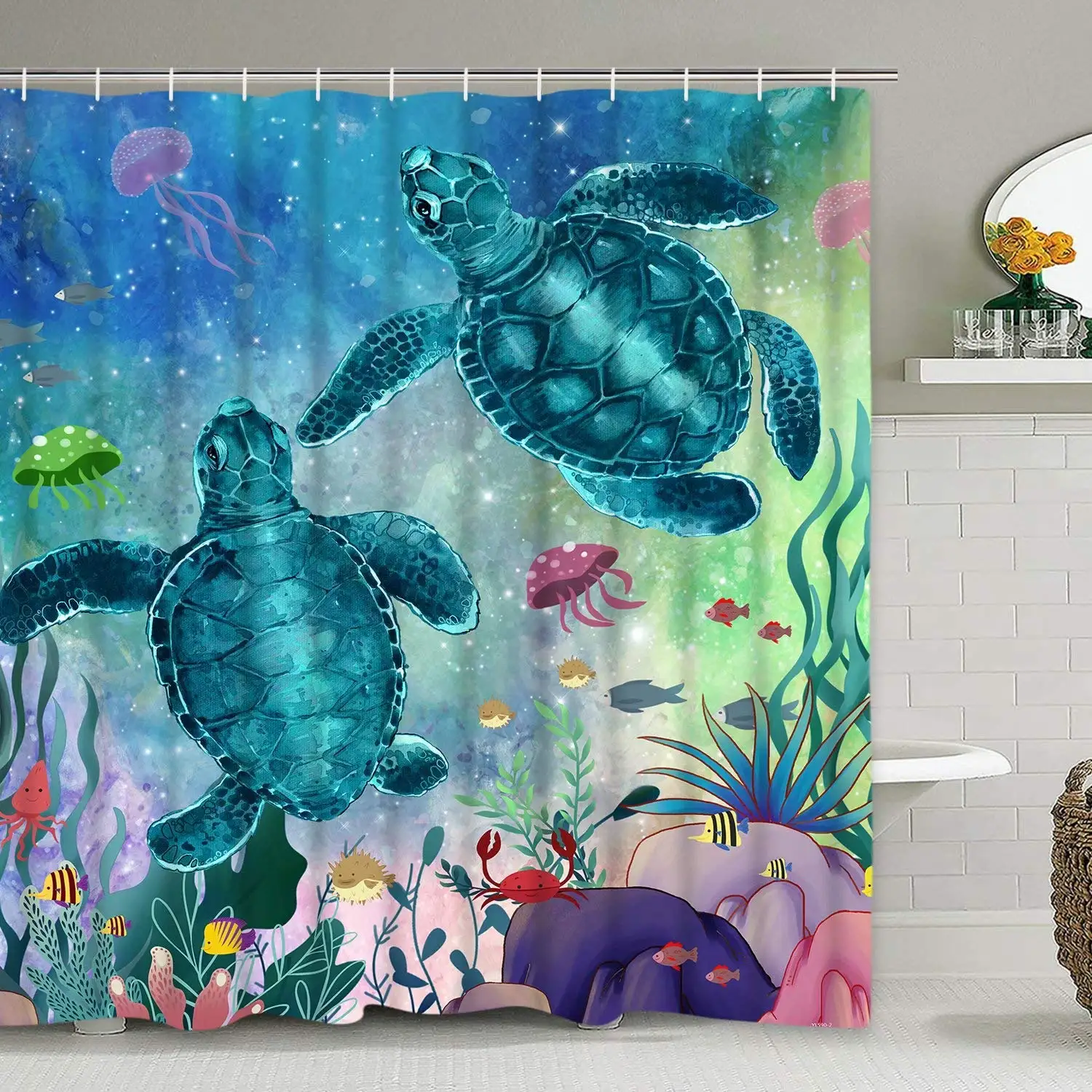 

Ocean Creature Landscape Underwater Fish Seaweed Jellyfish Coral Animal Waterproof Shower Curtain