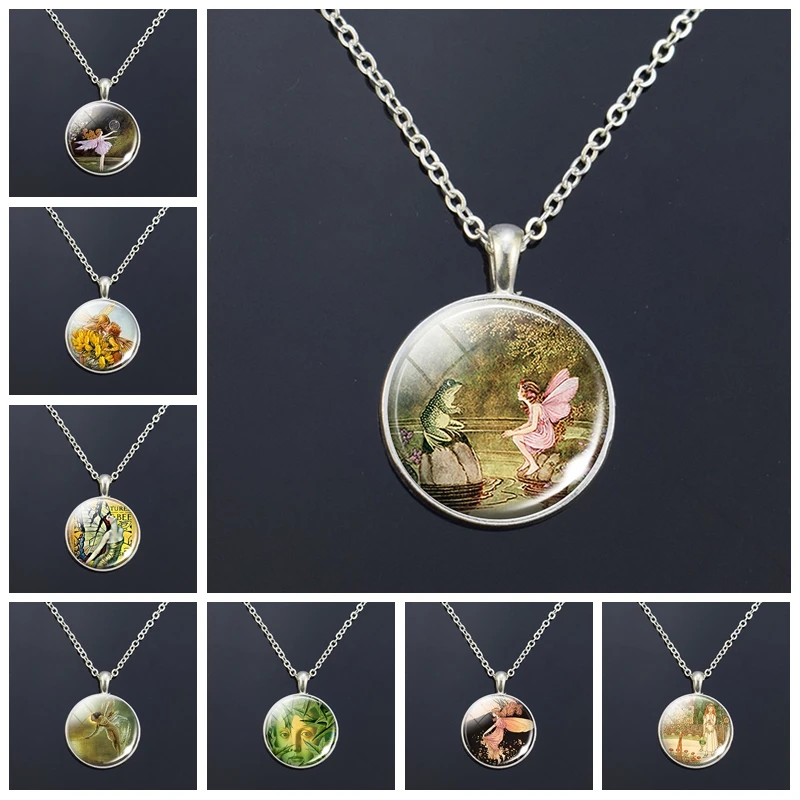 

Fairy and Frog Necklace Flower Fairy Elf Butterfly Fairy Glass Cabochon Silver Plated Necklace for Daughters Christmas Gifts