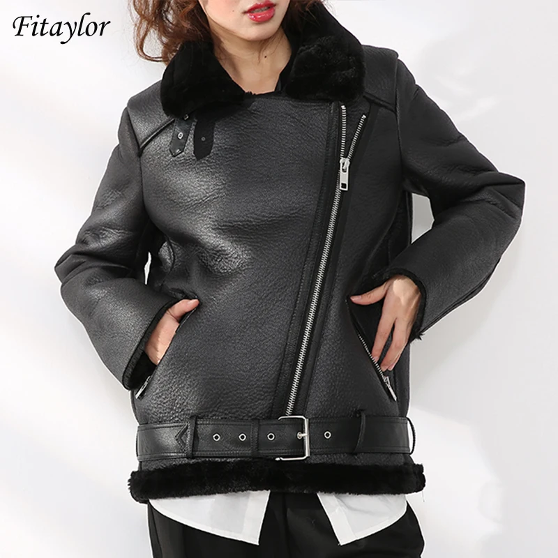 

Fitaylor New Winter Jacket Women Thick Warm Faux Leather Fur Sheepskin Coats Female Pu Leather Jackets Aviator Casaco Feminino