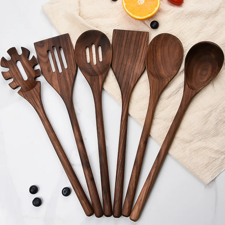 

Natural Black Walnut Wood Kitchenware Sets 6Pcs Cooking Utensils Cooking Wooden Spoon Colander Shovel Kitchen Tools Cookware Set