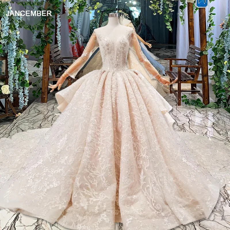 HTL497 Роскошные кружевные свадебные платья длинный шлейф круглый вырез Иллюзия