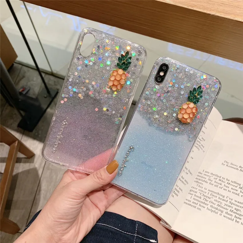 Блестящая Обложка с блестками 3D Ананас милый телефон чехол для iPhone 6 6s 7 8 Plus X Xr Xs Max