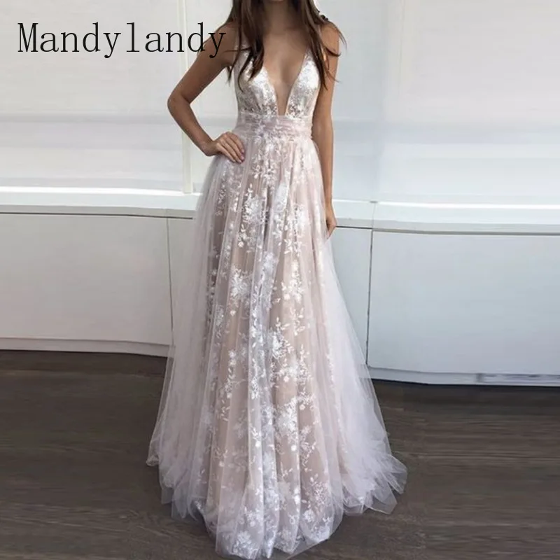 

Mandylandy Women's Sexy Lace Party Evening Dress Ladies Elegant Sleeveless Halter V Neck High Waist Corset Chiffon Prom Gown