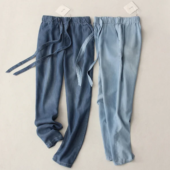 Летние брюки тонкие джинсовые женские повседневные джинсы на шнуровке с