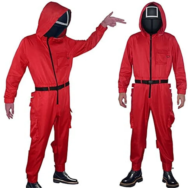 

Cosplay Costumes Squid Game Villain Red Jumpsuit Square Triangle Round Six Circle Mask Strap Belt Accessories Christmas Gifts