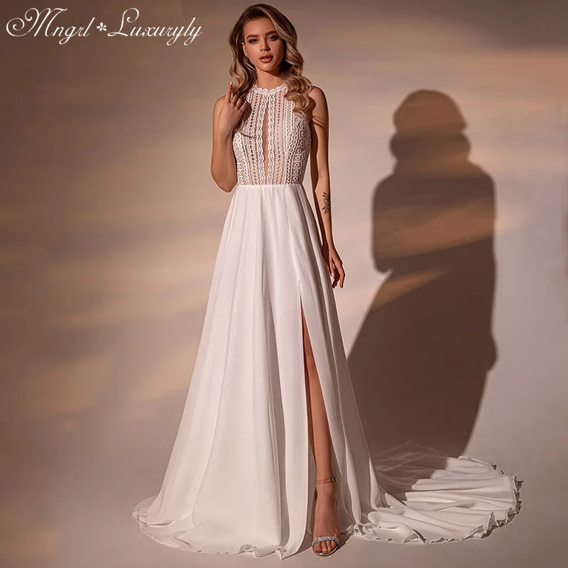 

Luxury A-line Wedding Dresses Chiffon Embroidery Sexy Gowns Sleeveless Legs High Split vestidos de novia Tailor-Made
