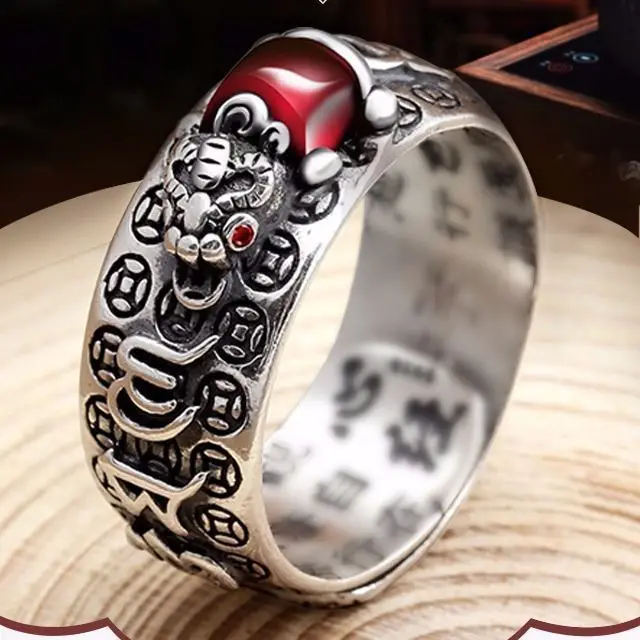

Vintage Women Men Ring National Style Pi Xiu Ring Feng Shui Wealth Good Lucky Jewelry Buddhist Heart Sutra Ring Party Gifts