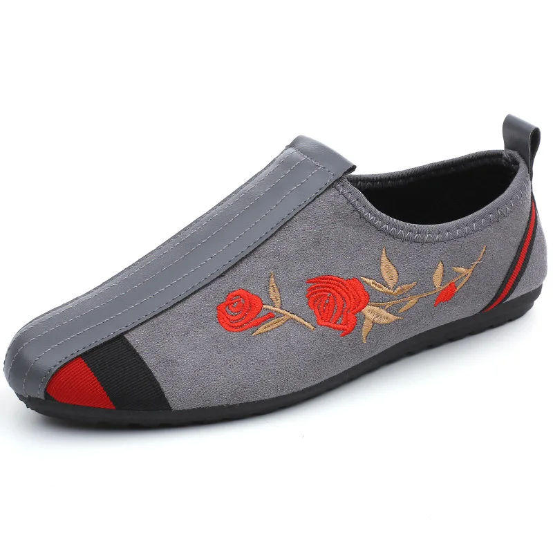 Мужские мокасины с красной вышитой розой лоскутные лоферы из искусственной