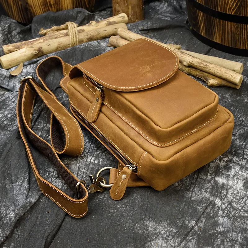 Мужская нагрудная сумка из натуральной кожи Однолямочный мессенджер кожаный