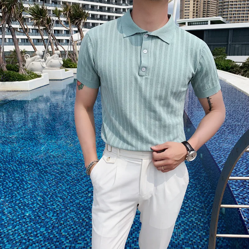 

Summer Polo Shirts Men Short Sleeve Knitted Solid Striped POLO Shirt British Style Business Social Casual Tee Tops Male Clothing