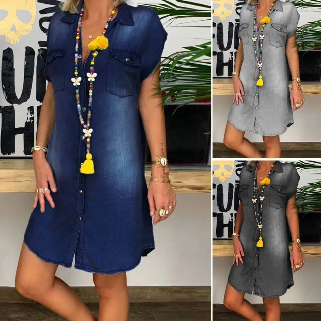

53# Denim Dresses 2021 Fashion Women's Casual Dress Turndown Neck Denim Party Dresses Sleeveless Swing Dress Vestido De Mujer