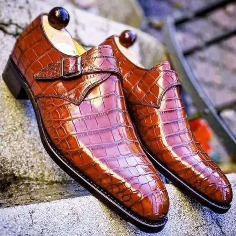 

2021 New Style Comfortable Classic Fashion Business Casual Handmade Men's PU Pure Color Crocodile Pattern Monk Shoes ZQ0201