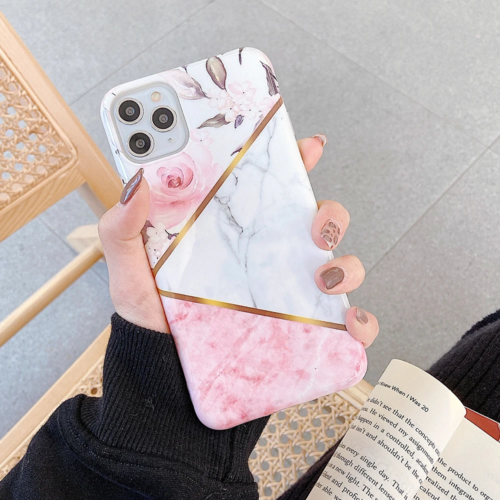 Чехол для телефона с геометрическим мрамором и розовыми цветами iPhone 11 Pro Max XR X XS 7 8