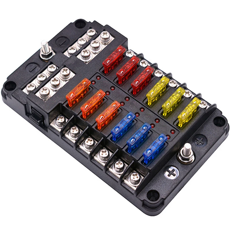 

Car Boat Fuse Box Holder with 12 Way Blade Fuse Holder Block & Warning Indicator 12V~24V Power Distribution Panel Board