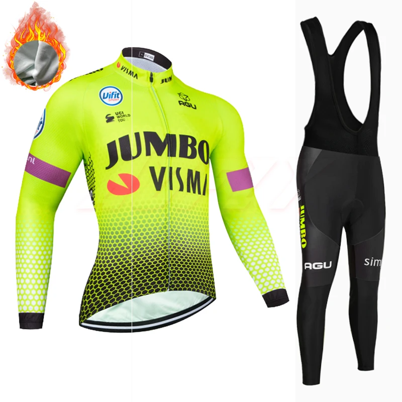 Wool black strap set Зима, куртки для велоспорта JUMBO TEAM 9D, велосипедные штаны, Ropa Ciclismo, Мужские Термо флисовые, pro трикотаж для велосипедистов, одежда для велоспорта - Цвет: Wool black strap set